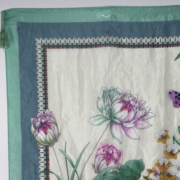 Johnny Was Silk Scarf Butterflies Floral Tropical Print Blue Green Tassels - Picture 5 of 9